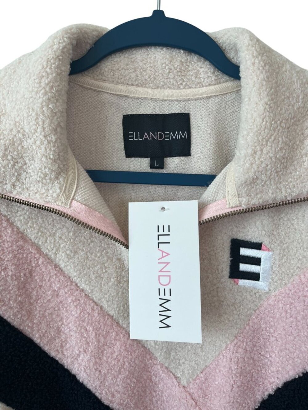 EllandEmm Colorblock Sherpa Pullover Cream Pink Black Quarter Zip Size L NWT - Picture 4 of 6